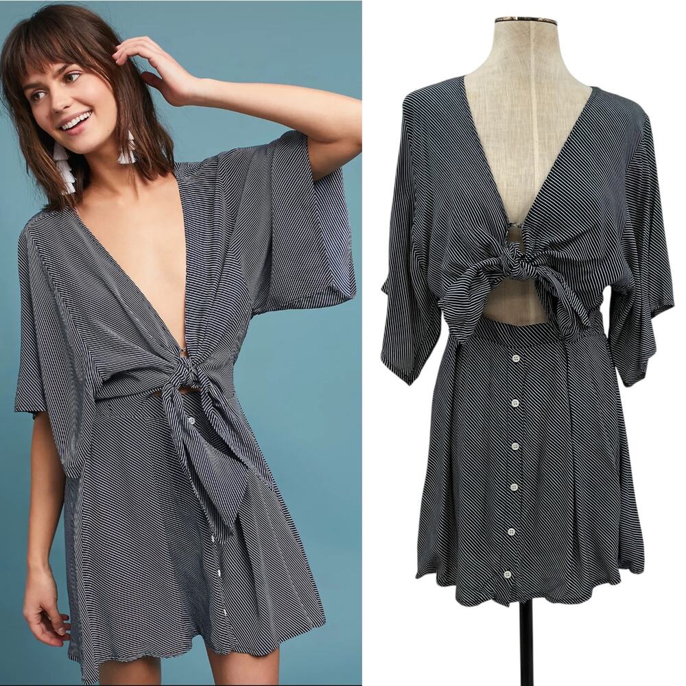 Faithfull the Brand Vinci Tie-Front Dress Cut Out Striped Navy Blue Size US 6